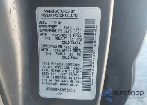 2002 Nissan Pathfinder Le из США, поврежденный, VIN JN8DR09X32W658312